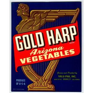 Gold Harp Vintage Vegetables Crate Label Music Instrument Brawley Caif. 1940s